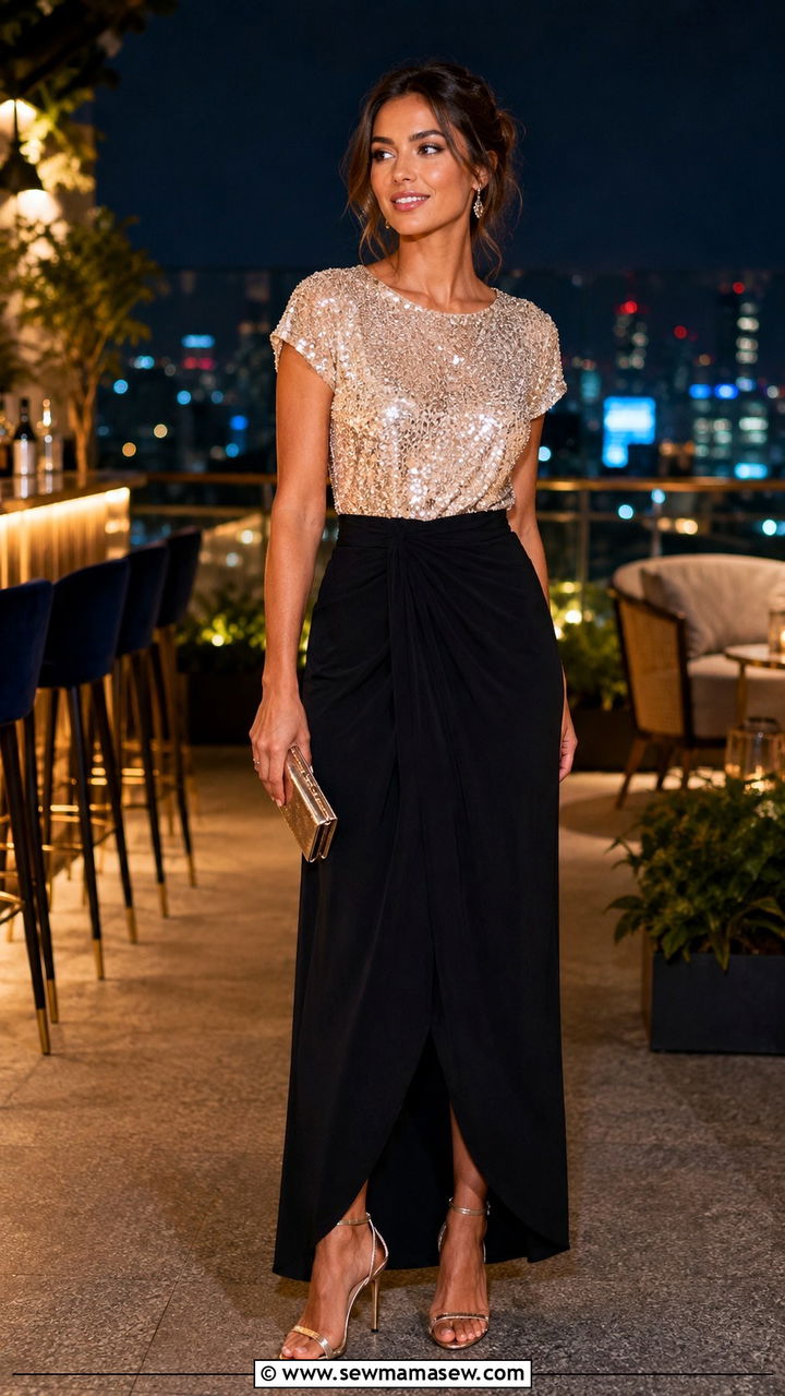 Sequin Top With A Black Maxi Skirt Outfit - 30 how to style maxi skirt outfits