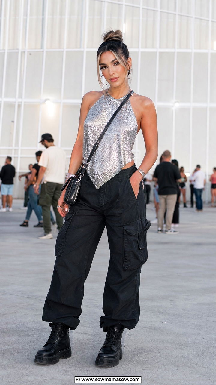 Sequin Top With Baggy Cargo Pants - 25 Bad Bunny concert outfit ideas