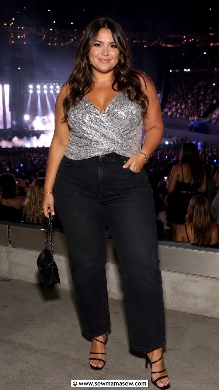 Sequin Top With Black Jeans And Strappy Heels - 30 Plus size concert outfit ideas