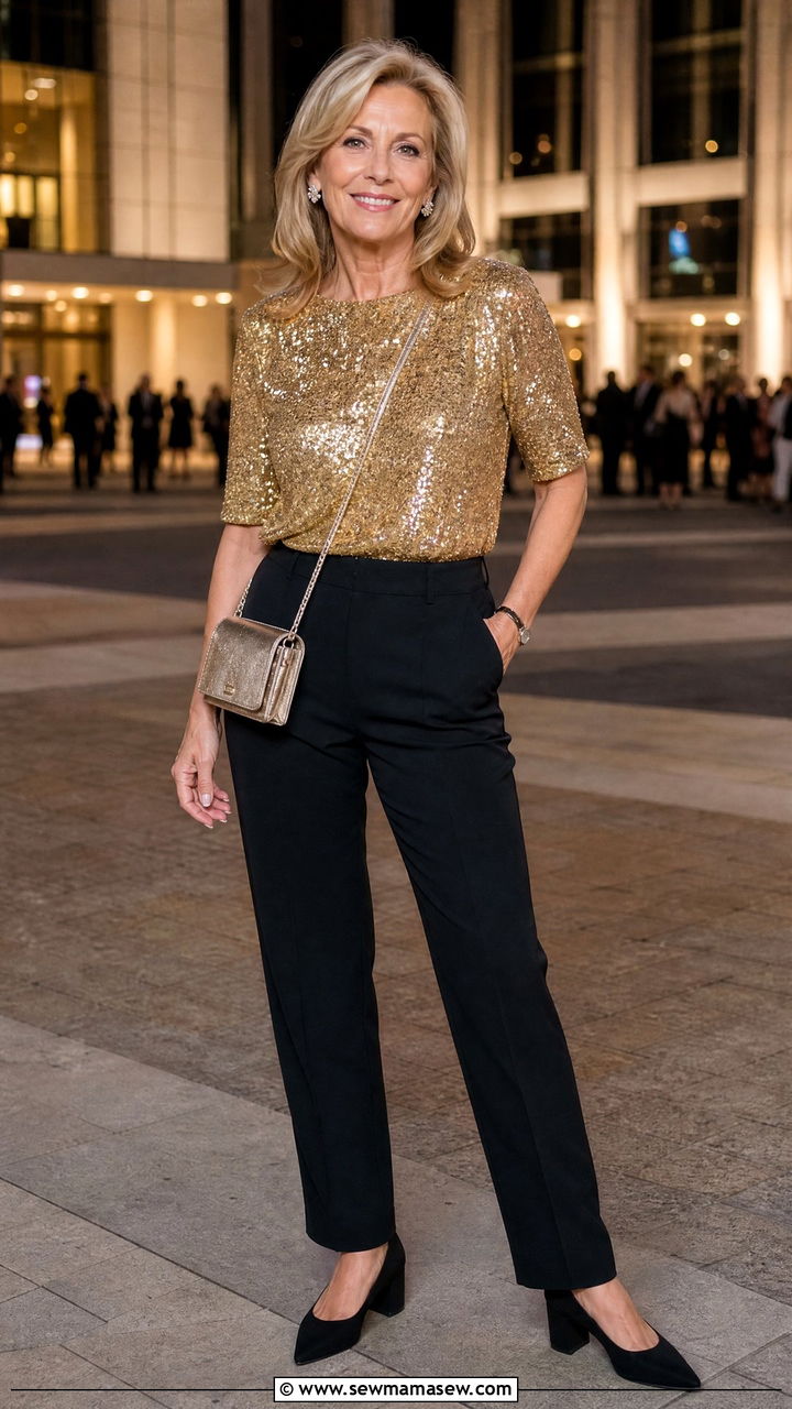 Sequin Top With Tailored Black Trousers - 30 Concert outfit ideas for women over 50