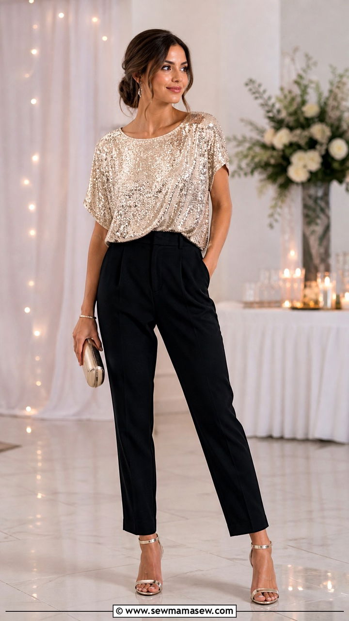Sequin Top With Tailored Pants And Strappy Heels - 40 Casual wedding guest outfits