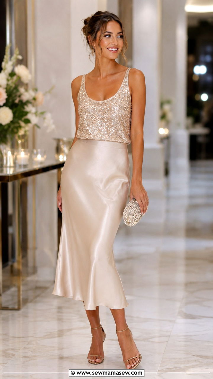 Sequin Top and Satin Midi Skirt Outfit - 30 Retro outfit ideas 2026