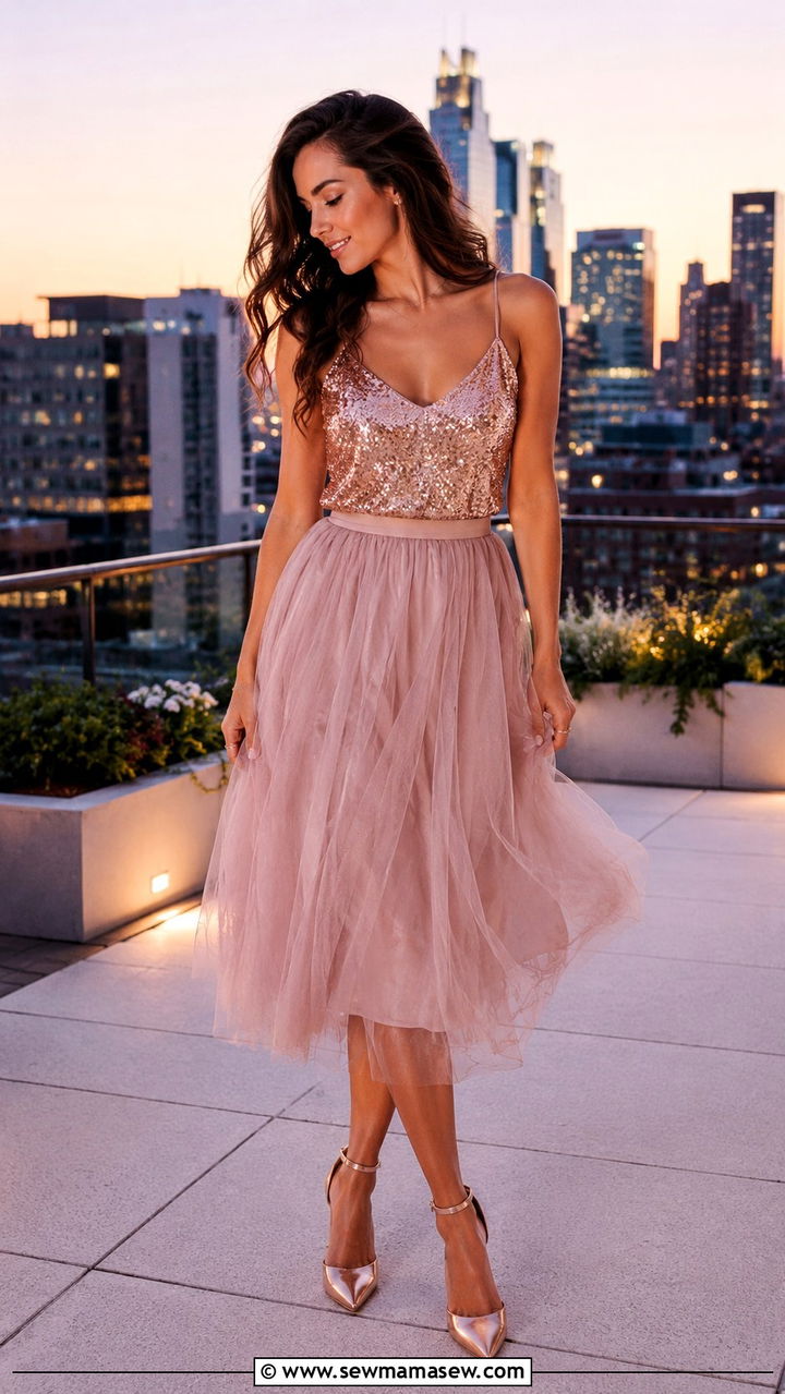 Sequin Top and Tulle Midi Skirt - 30 Romantic spring outfit ideas