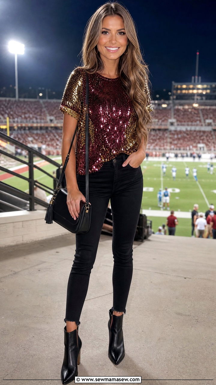 Sequin Top with Black Jeans - 35 Gameday outfit ideas college