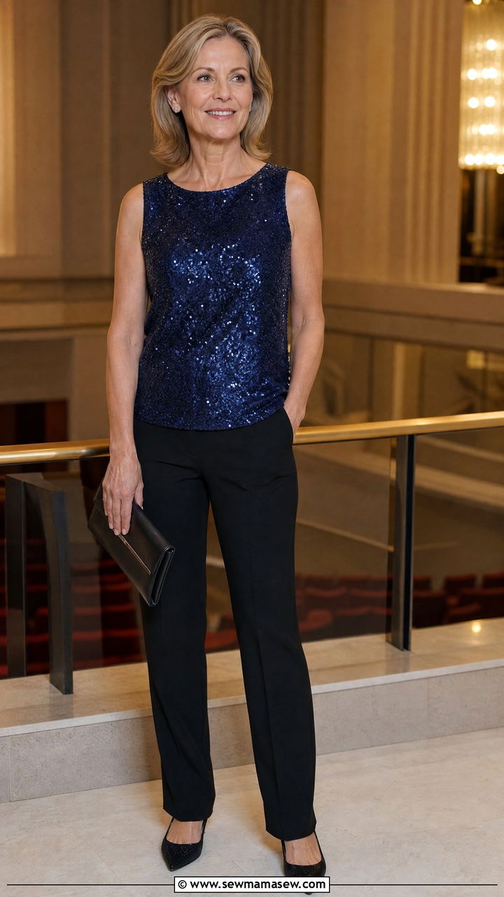 Sequin Top with Tailored Black Trousers - 30 Concert outfits for women over 50
