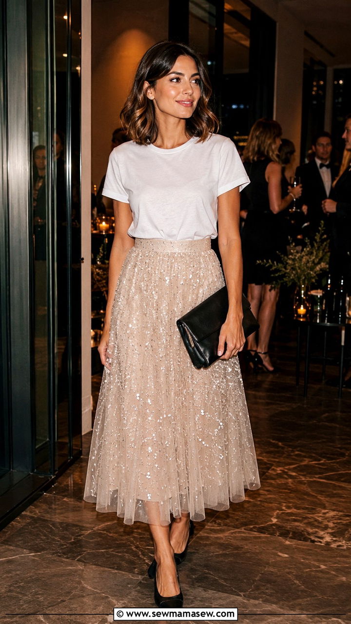 Sequin Tulle Skirt With Simple Tee Outfit - 20 Tulle skirt outfit ideas with a tee
