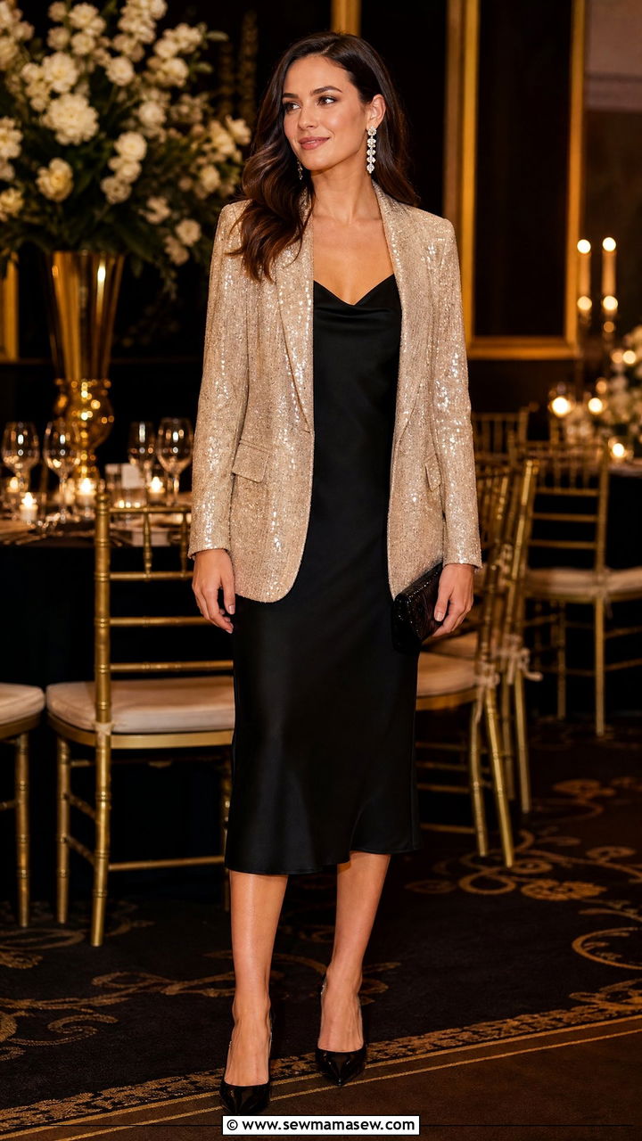 Sequin blazer with simple black dress - 25 How to style a blazer for a wedding