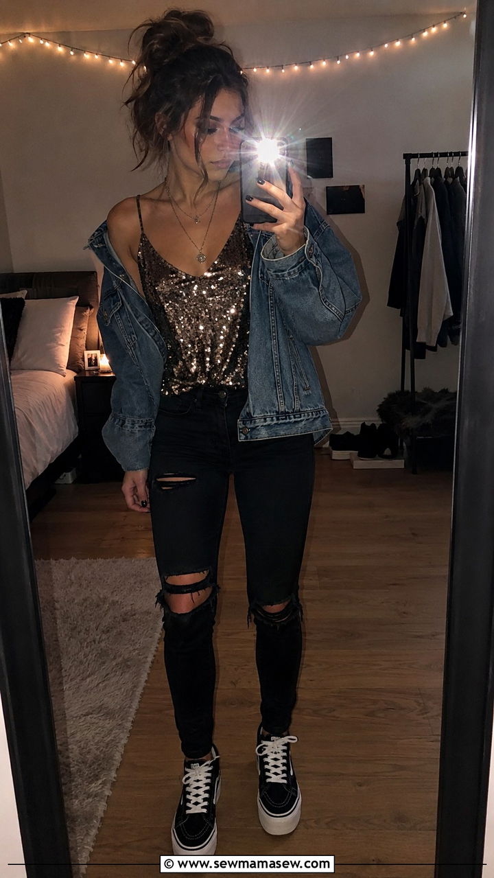 Sequin cami and skinny jeans outfit - 20 Indie sleaze outfit ideas 2026