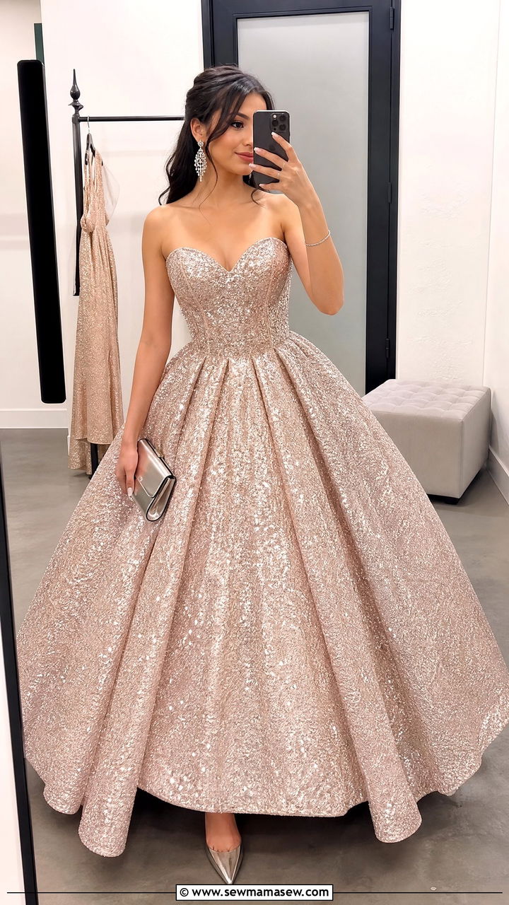 Sequin quinceanera dress with crystal drop earrings - 25 Quinceanera outfit ideas