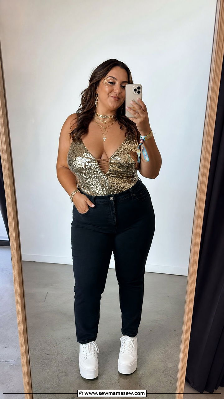 Sequined Bodysuit With High Waisted Black Jeans And Platform Sneakers - 30 plus size music festival outfit ideas
