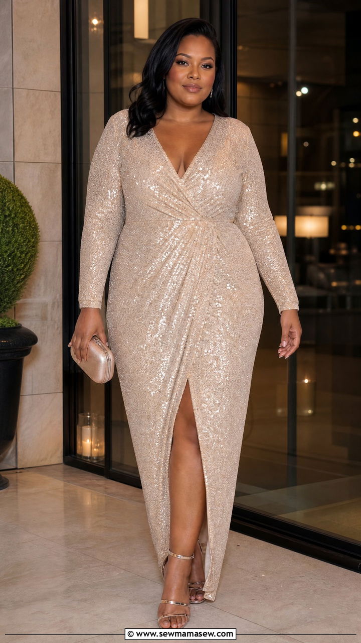 Sequined Maxi Dress with Metallic Heels and Minimal Jewelry - 25 Maxi dress for plus size outfit ideas