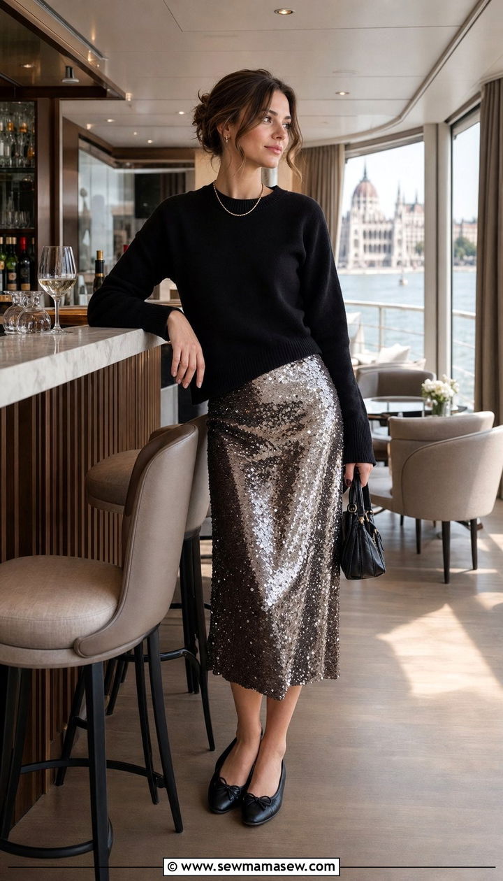 Sequined Midi Skirt And Black Cashmere Sweater Danube Cruise - 25 Danube cruise outfit ideas