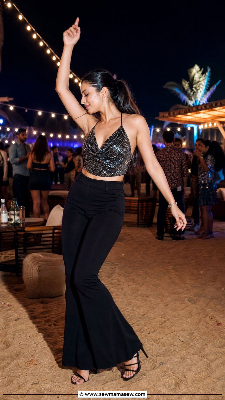 Sequined Top and Flared Pants Goa Outfit - 25 Goa outfit ideas