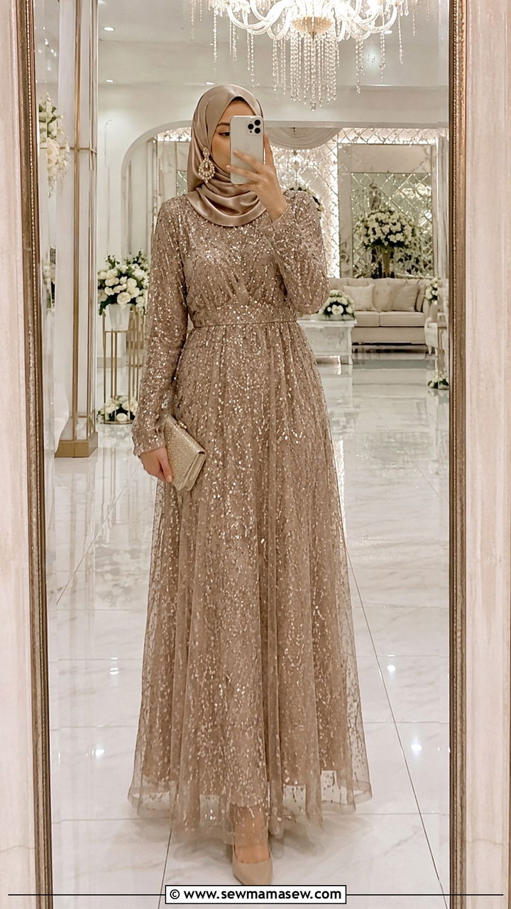 Sequined mesh maxi with hijab for Walima - 25 Wedding guest outfit ideas Walima ceremony
