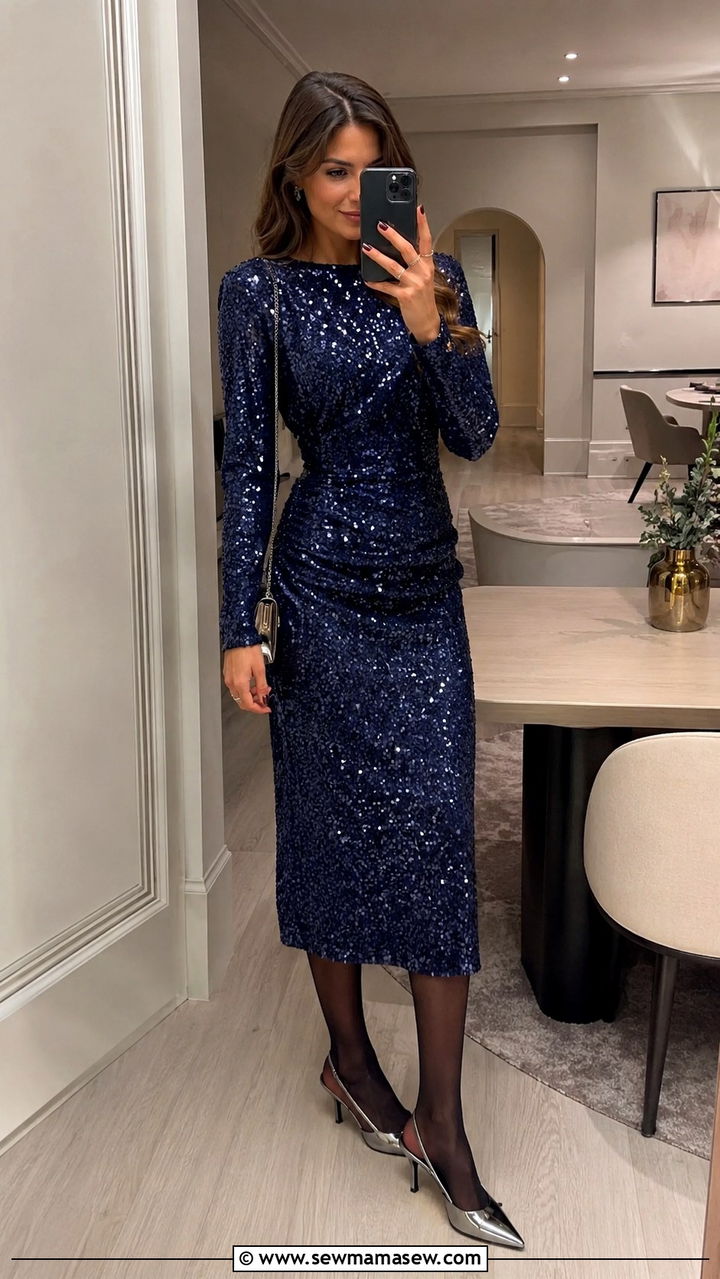 Sequined midi dress with slingback heels - 30 Office party outfit ideas