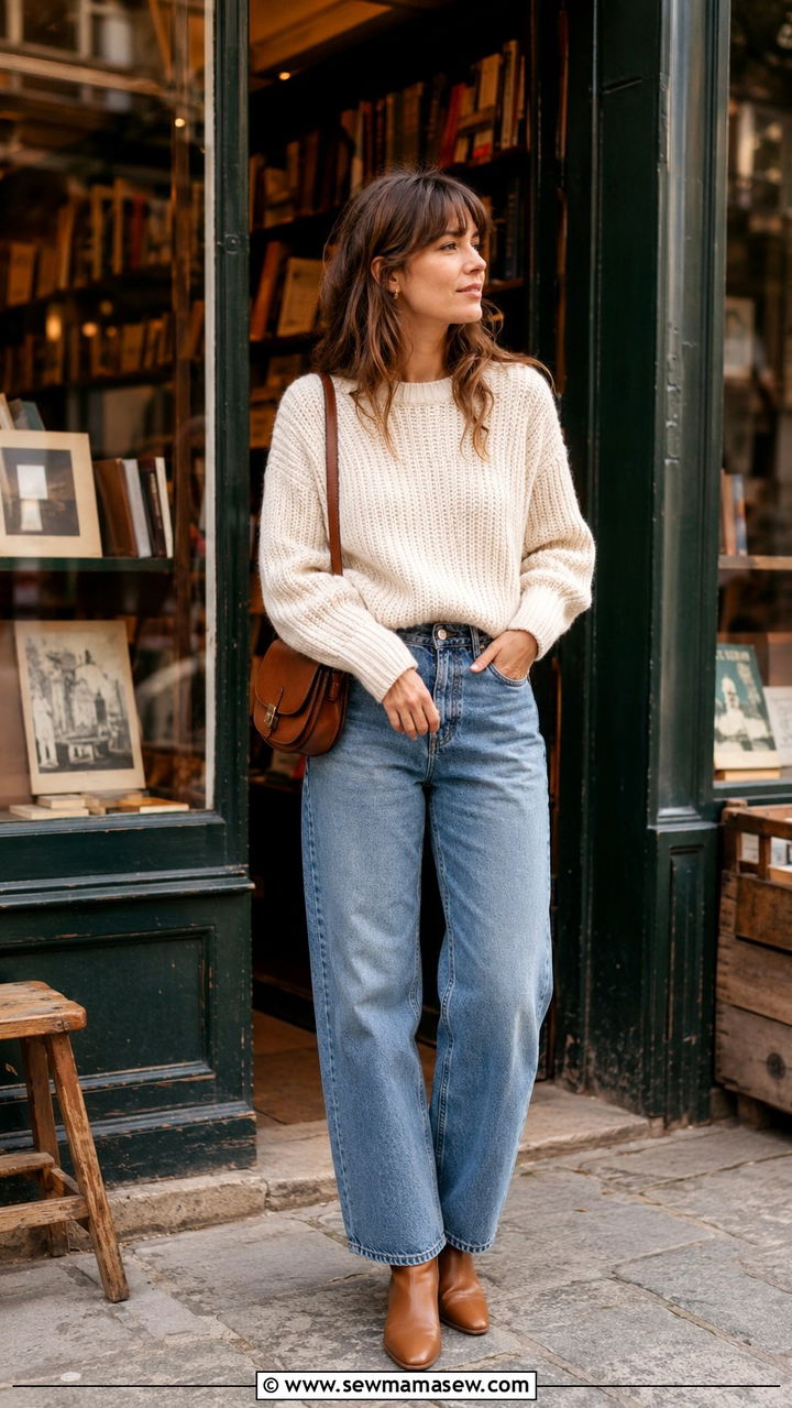 Sezane barrel jeans with knit sweater - 20 Boho outfit ideas Sezane style