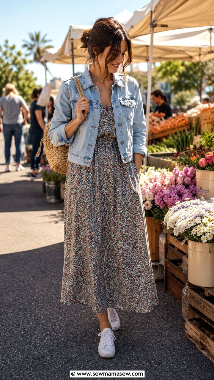 Sezane denim jacket with maxi dress - 20 Boho outfit ideas Sezane style