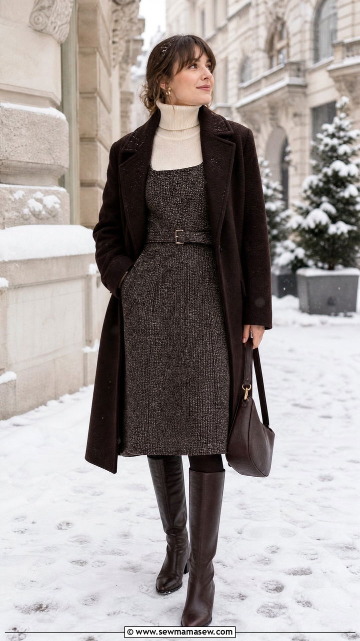 Sezane dress layered over a turtleneck for winter - 25 French girl outfit ideas with Sezane dress
