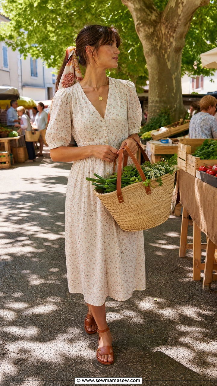 Sezane dress with a basket bag for a Provenal market - 25 French girl outfit ideas with Sezane dress