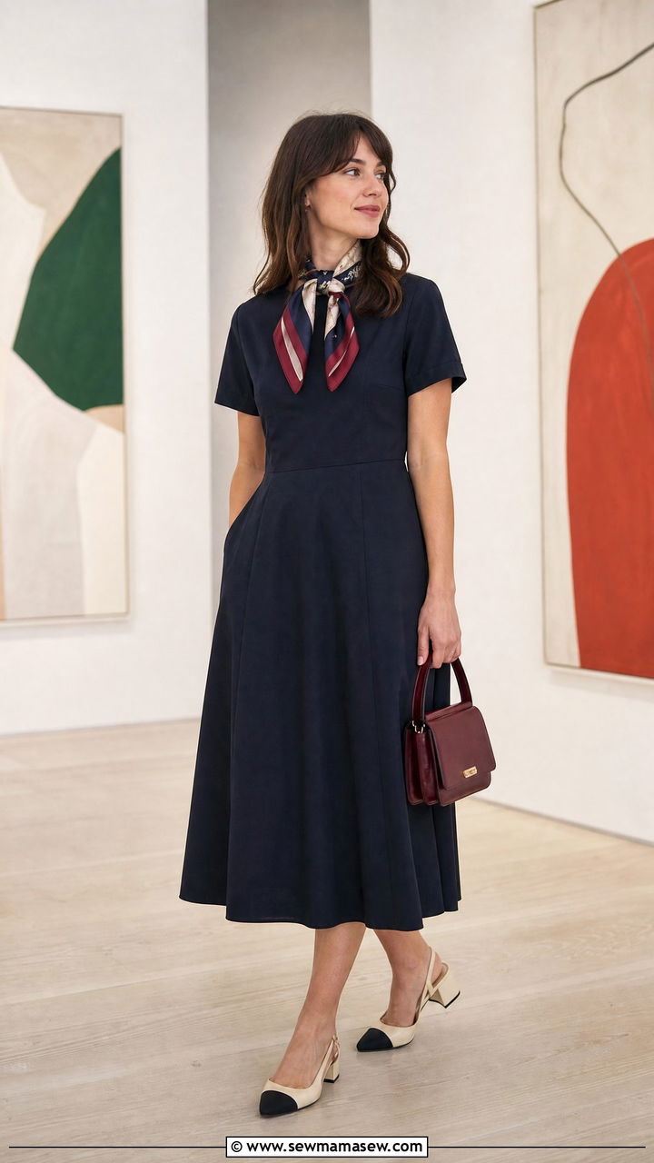 Sezane dress with a scarf tied at the neck - 25 French girl outfit ideas with Sezane dress