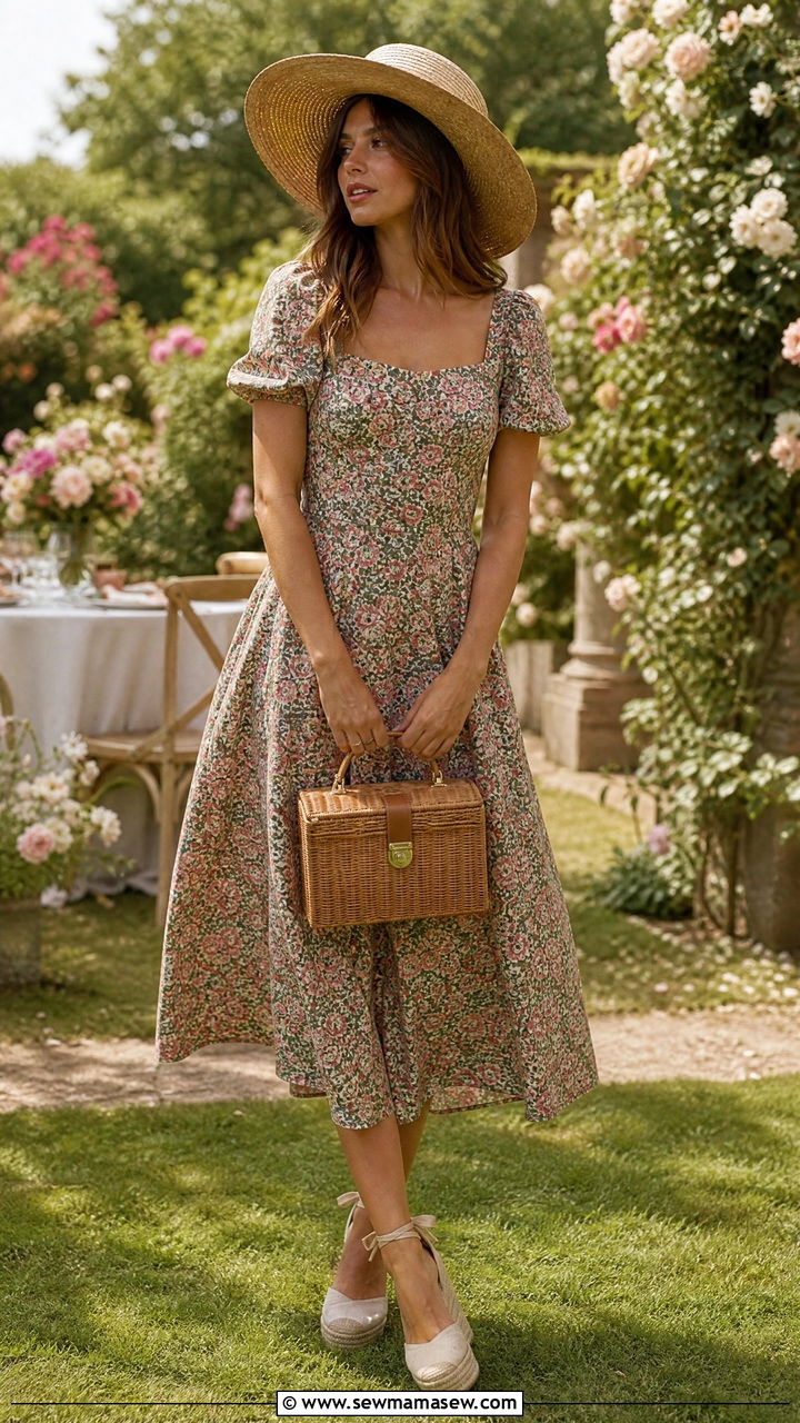Sezane dress with a straw hat for a garden party - 25 French girl outfit ideas with Sezane dress