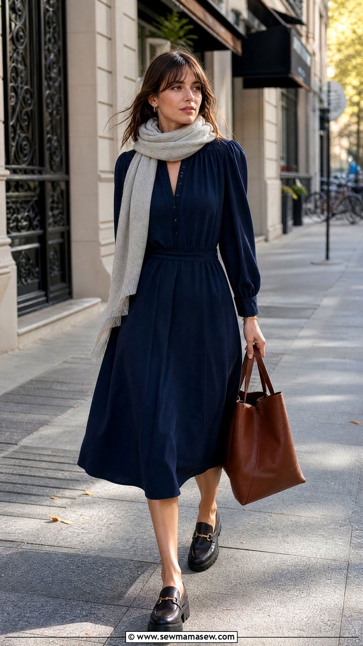 Sezane dress with loafers and a tote for an effortless commute - 25 French girl outfit ideas with Sezane dress