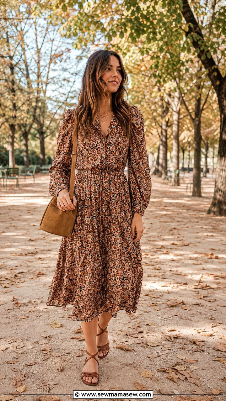 Sezane floral midi dress with sandals - 20 Boho outfit ideas Sezane style