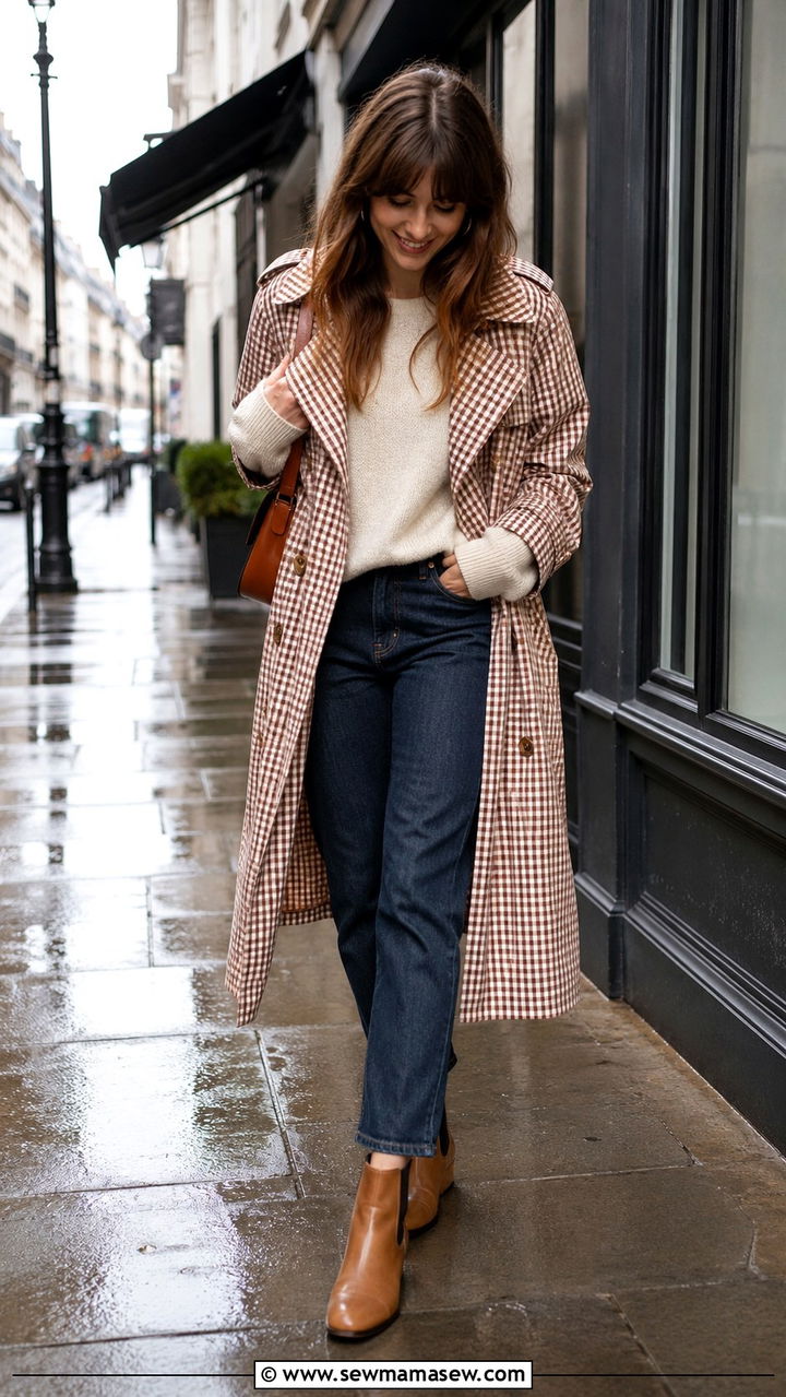 Sezane gingham trench coat with jeans - 20 Boho outfit ideas Sezane style