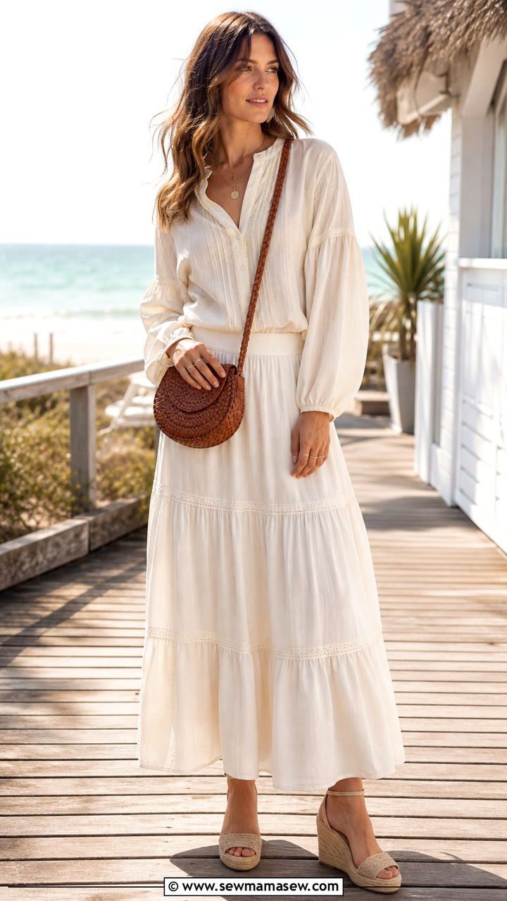 Sezane maxi skirt with peasant blouse - 20 Boho outfit ideas Sezane style