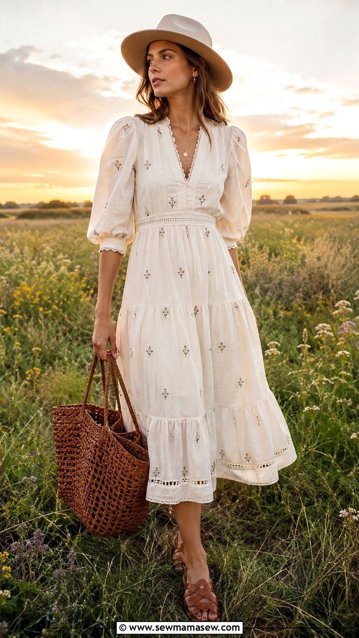 Sezane prairie dress with woven bag - 20 Boho outfit ideas Sezane style