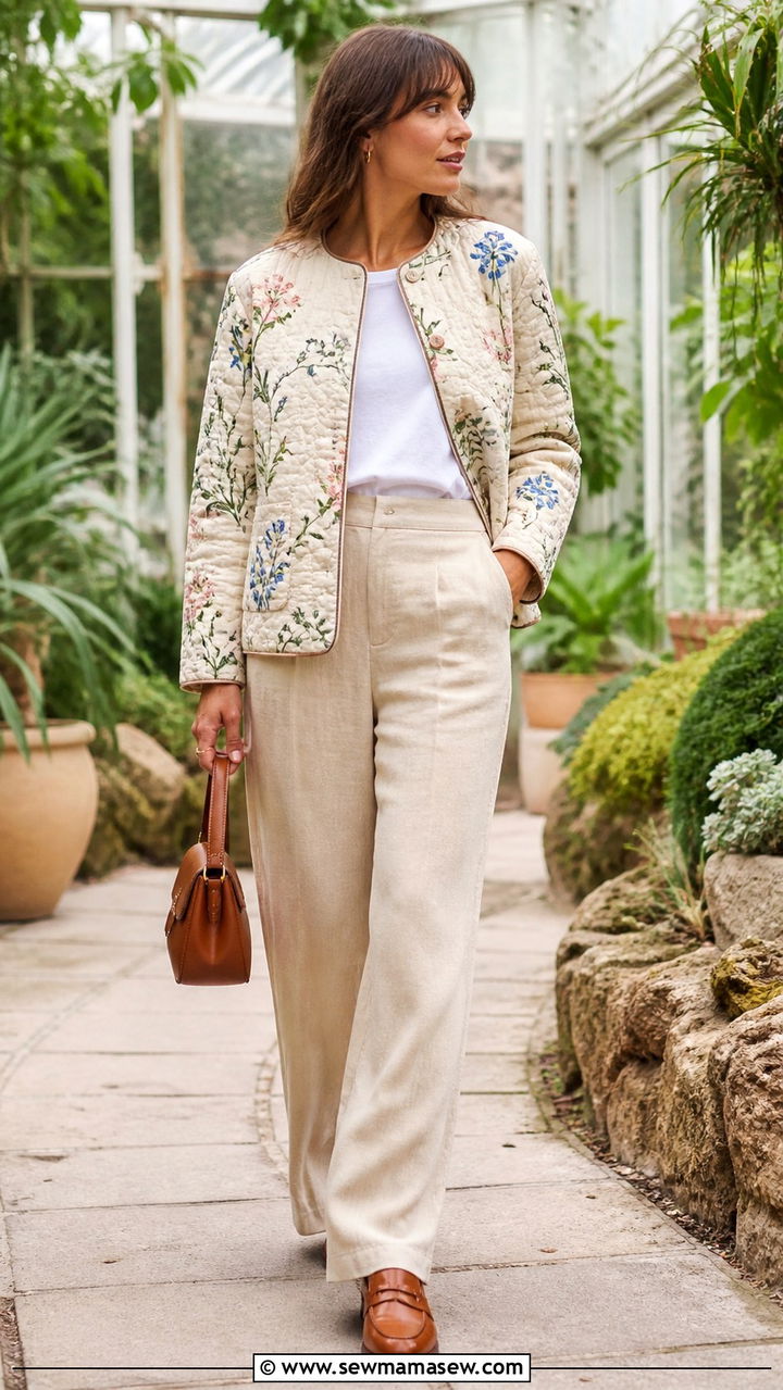 Sezane quilted jacket with linen trousers - 20 Boho outfit ideas Sezane style