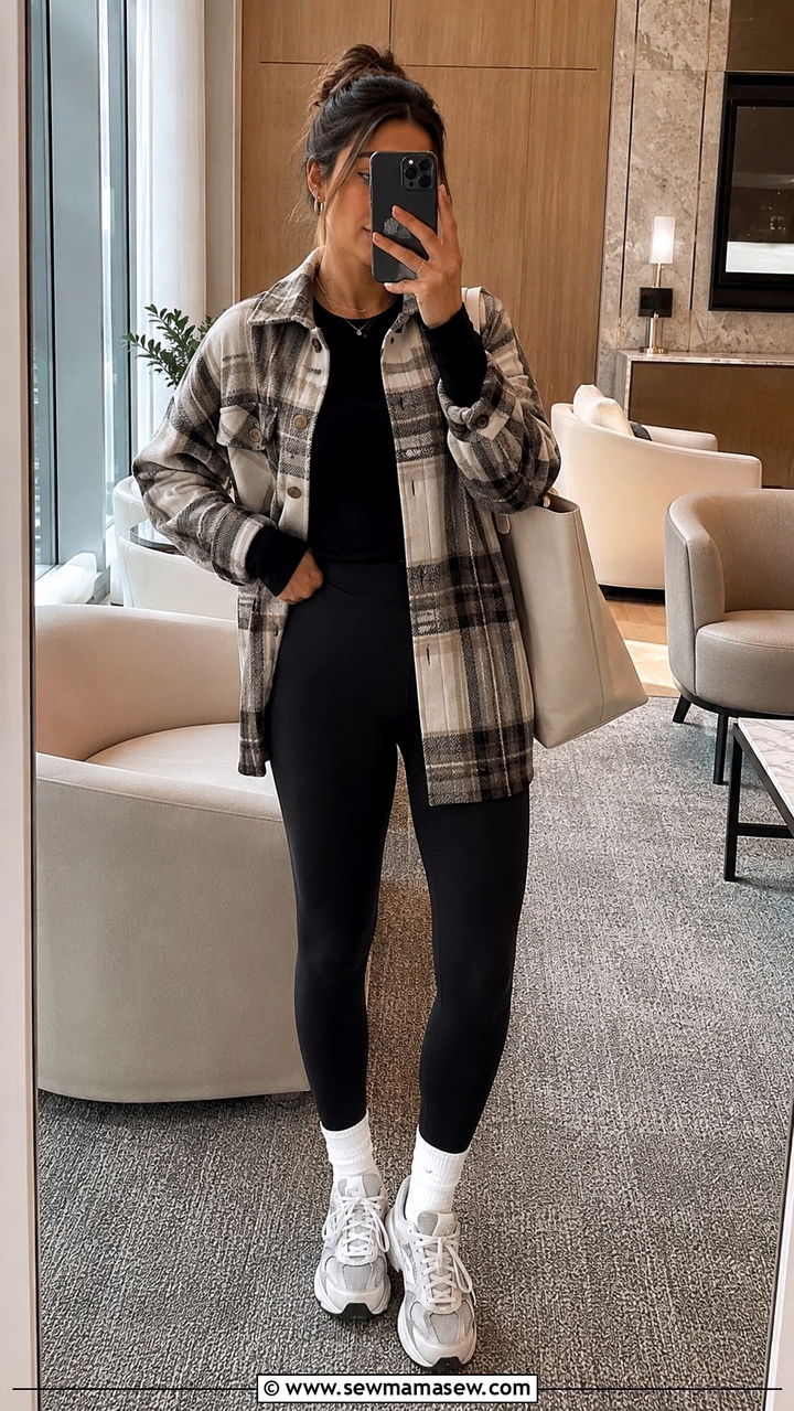 Shacket And Leggings For Long Flights - 25 transitional travel outfit ideas