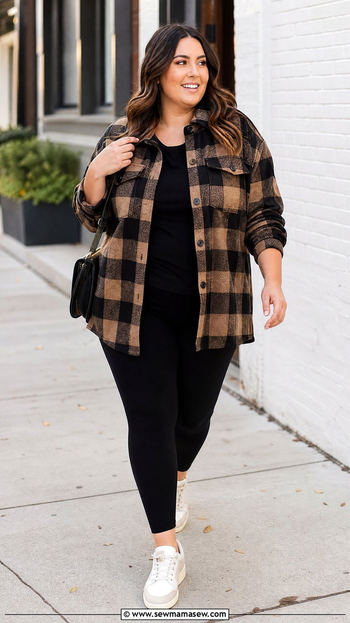 Shacket Layered Over Basic Tee and Leggings - 25 Plus size nursing outfit ideas