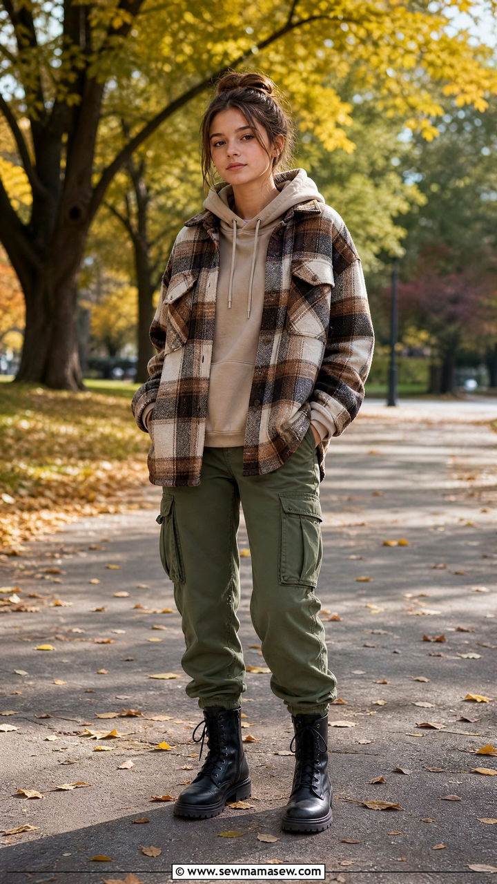 Shacket Layered Over a Hoodie with Cargo Pants and Combat Boots - 30 Trendy outfits for 16 year olds