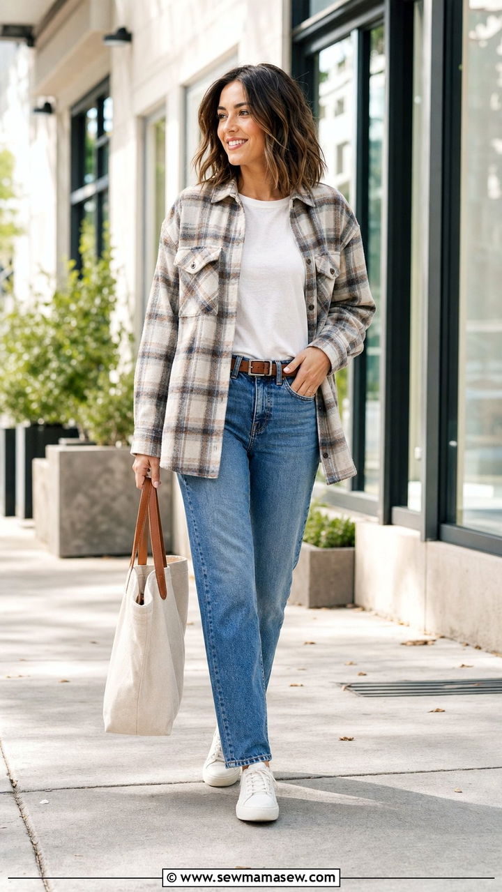 Shacket Over a Tee and Straight Leg Jeans - 25 Summer layering outfits