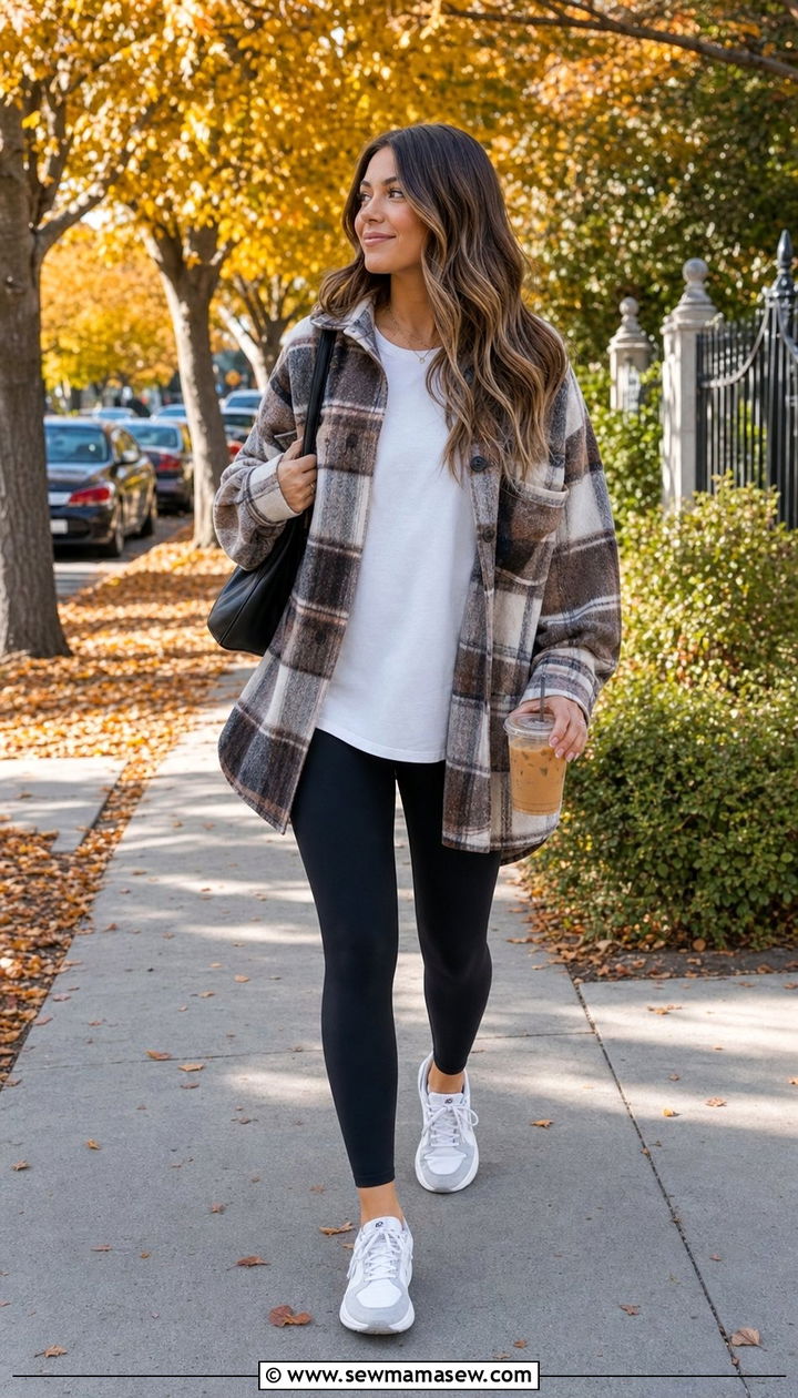 Shacket With Basic Tee And Leggings - 35 casual errands outfits