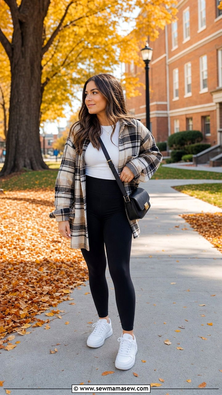 Shacket With Basic Tee and Leggings - 25 College outfit ideas petite