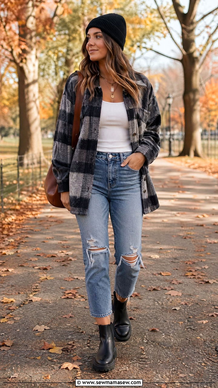 Shacket With Distressed Jeans - 35 Distressed jeans outfit ideas