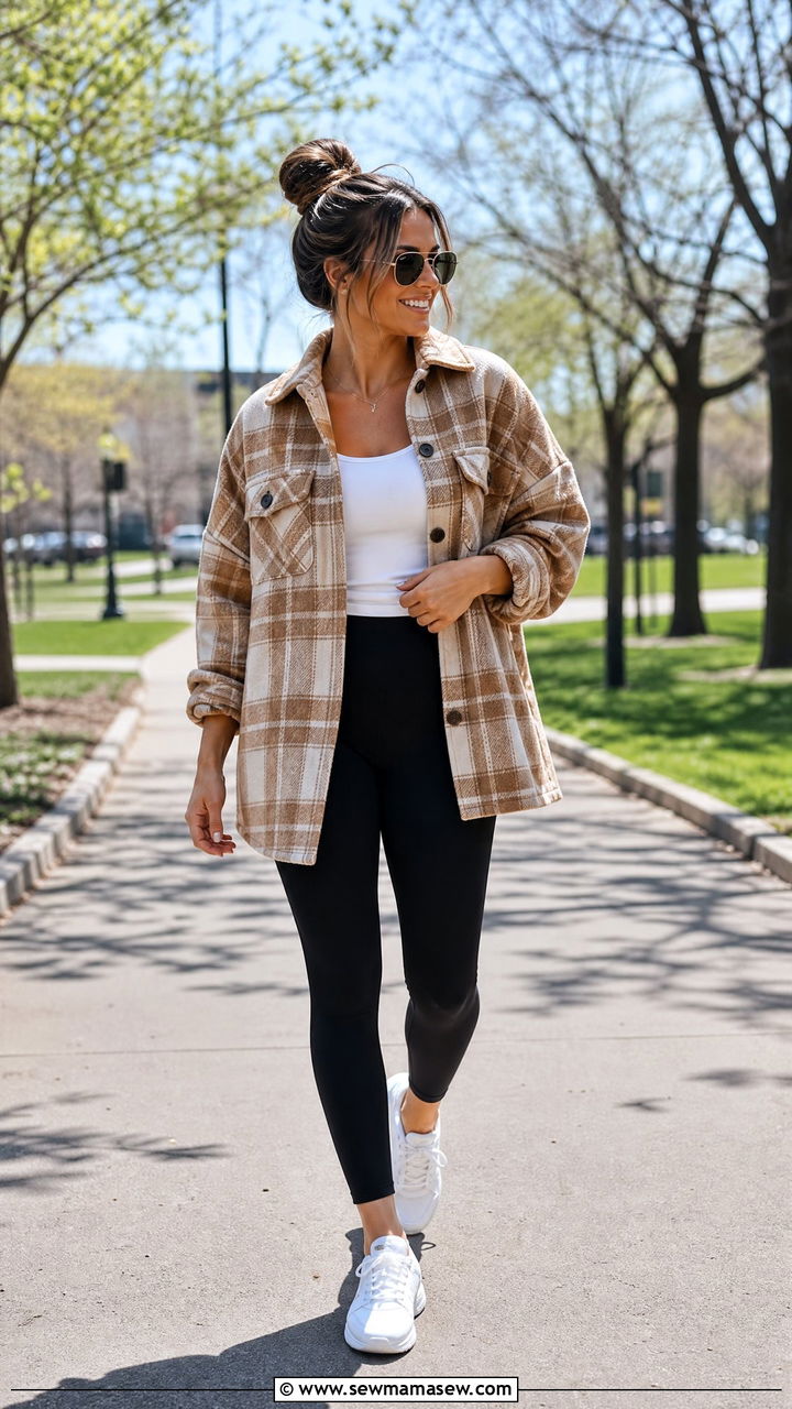 Shacket With Leggings And Sneakers - 30 First warm day outfits