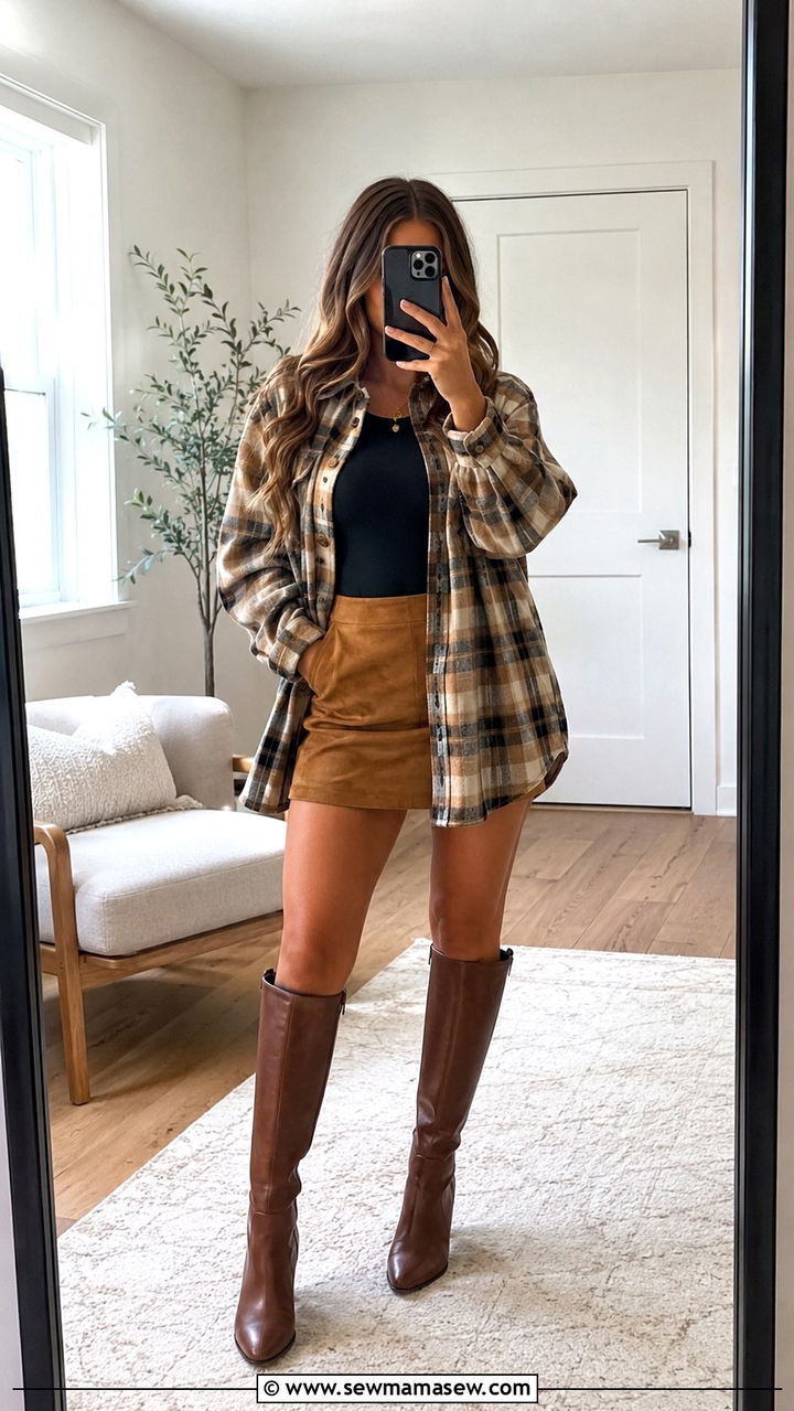 Shacket With Mini Skirt And Knee High Boots - 30 transitional outfits inspo