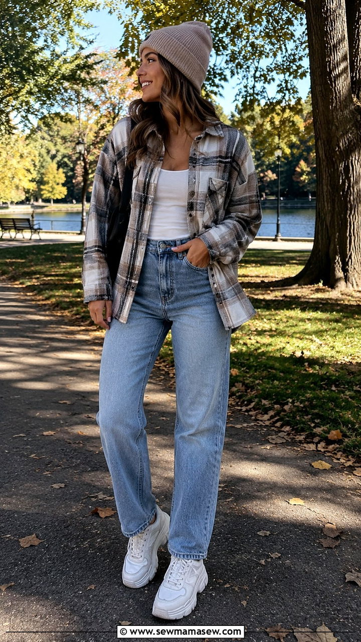 Shacket With Relaxed Denim and White Sneakers - 30 transitional casual outfit ideas