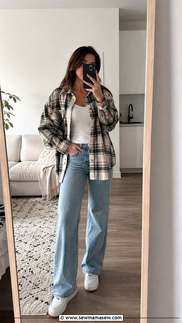 Shacket With Ribbed Tank And Wide Leg Jeans - 30 Mild weather outfit ideas