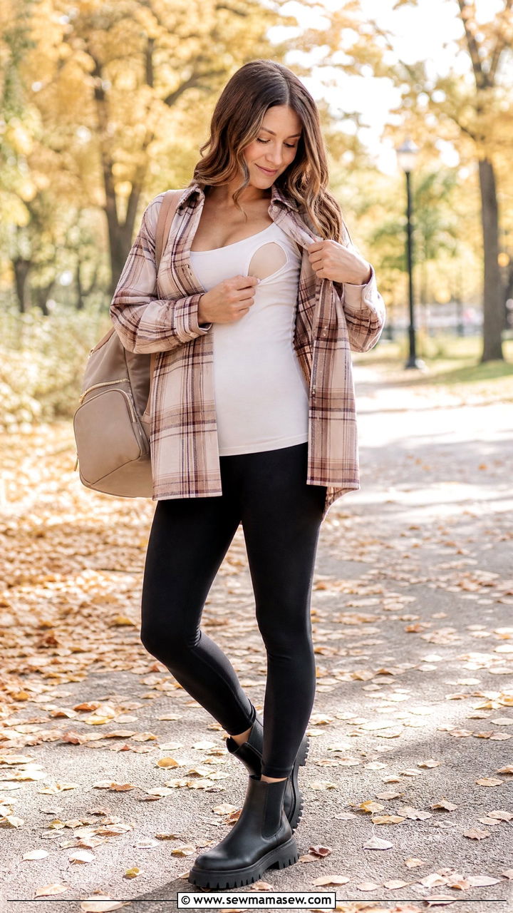 Shacket and leggings breastfeeding outfit - 25 Breastfeeding outfit ideas