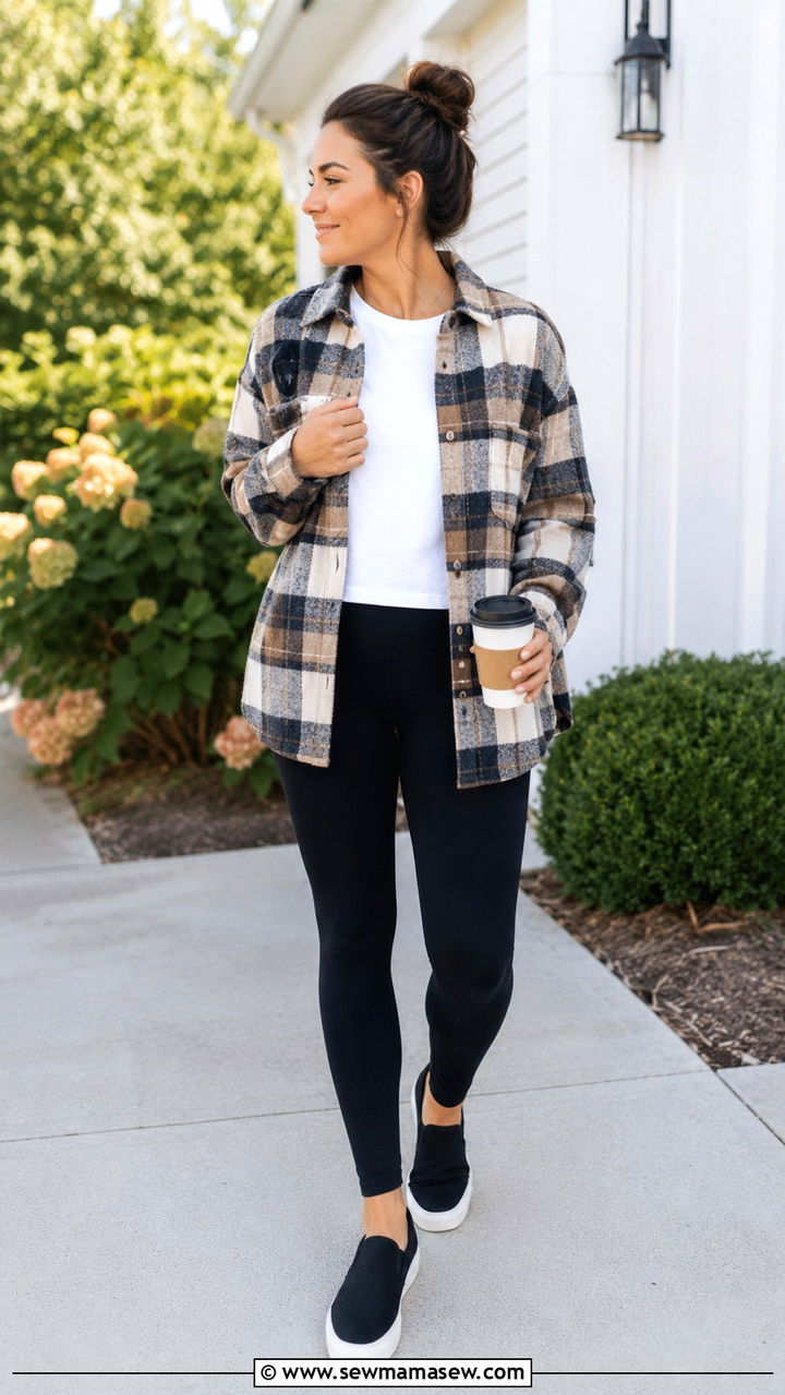 Shacket and leggings postpartum outfit - 25 outfit ideas for postpartum women