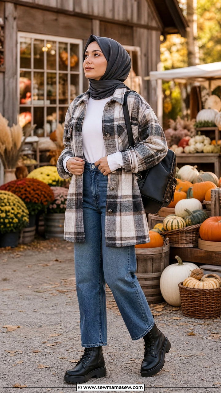 Shacket over Straight Leg Jeans and Combat Boots - 25 casual outfits for hijab women