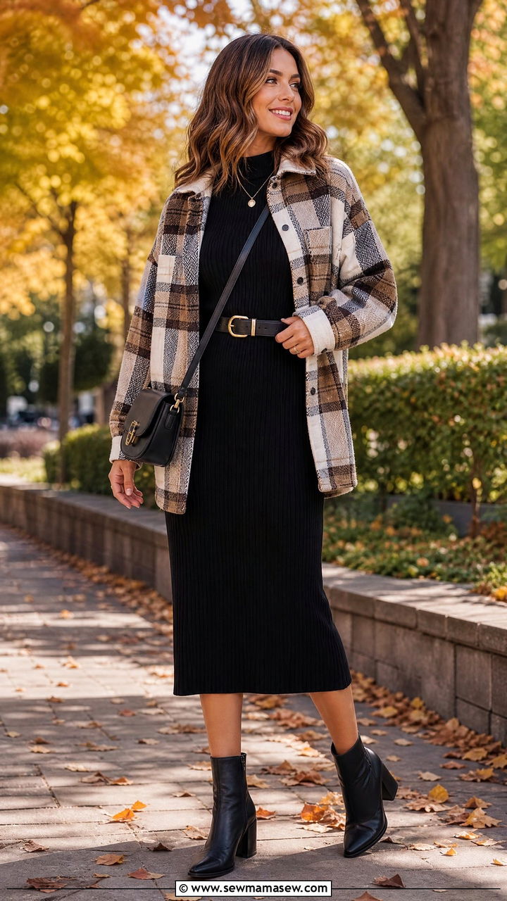 Shacket over a Ribbed Dress and Ankle Boots - 35 jacket outfits ideas
