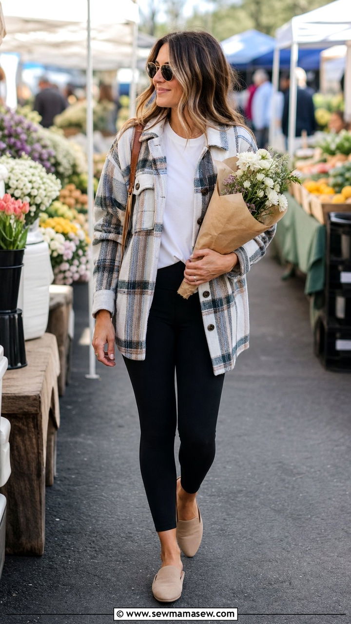 Shacket over basic tee with leggings and slip on shoes - 25 spring outfits for postpartum moms