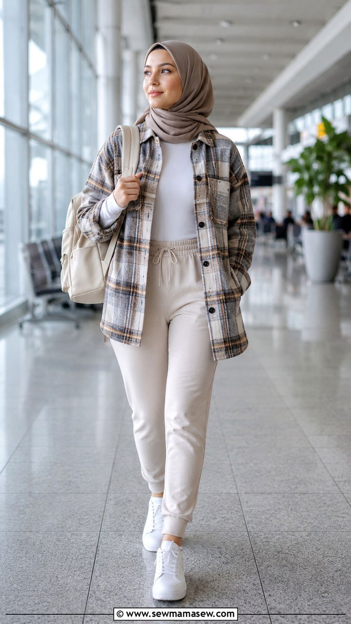 Shacket with Cotton Tee and Stretch Joggers - 30 Modest outfit ideas for airport