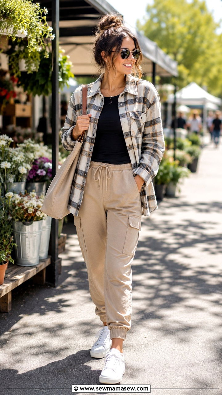 Shacket with Fitted Tee and Cargo Joggers - 20 Spring outfits for 45 degree weather