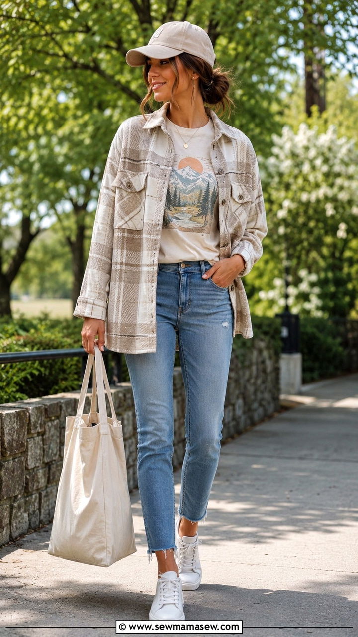 Shacket with Graphic Tee and Slim Ankle Jeans and Sneakers - 30 spring wardrobe essentials outfits